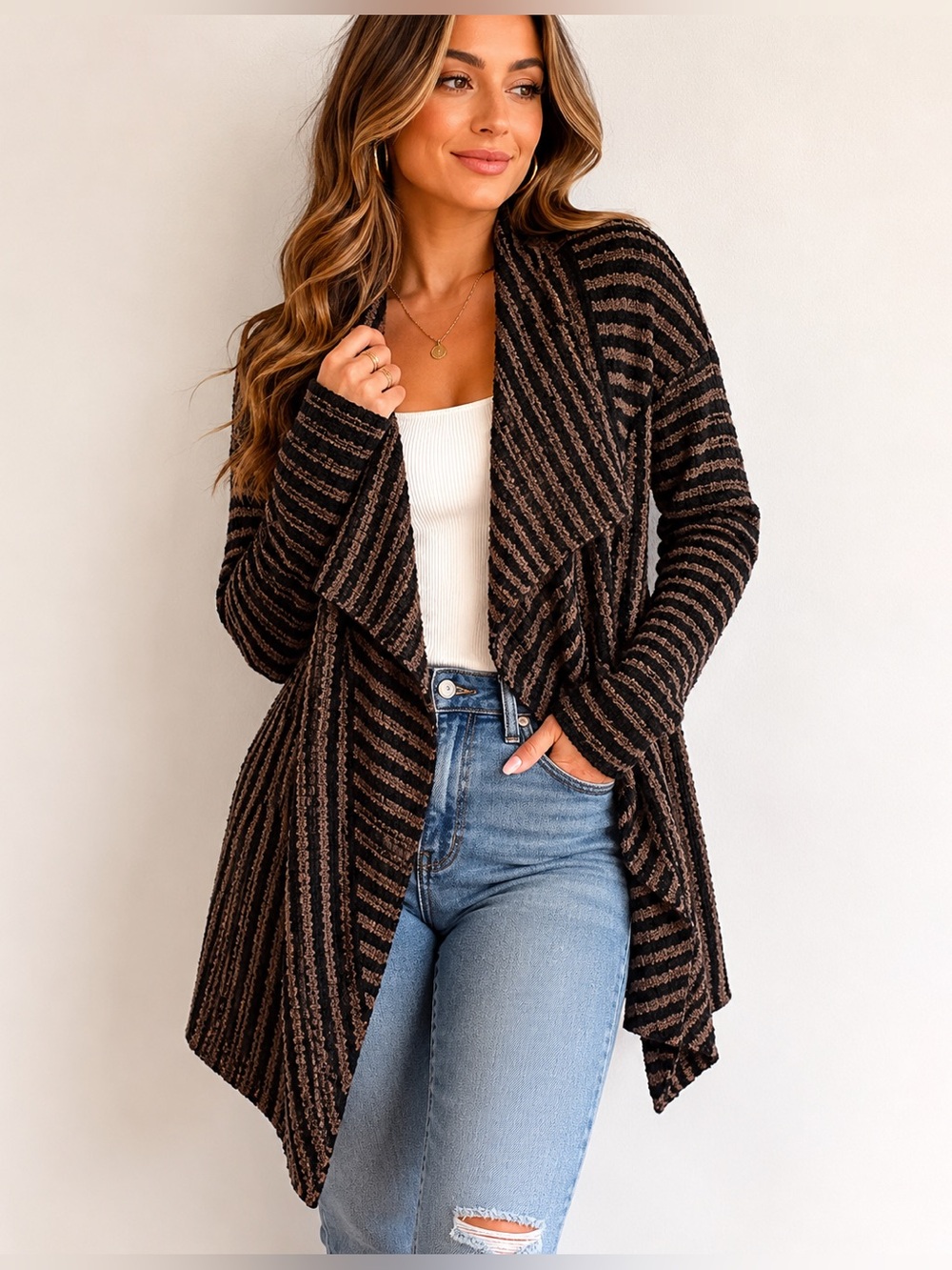 Made in Italy Striped Draped Cardigan | Waterfall Open Knit · Lineamaglia